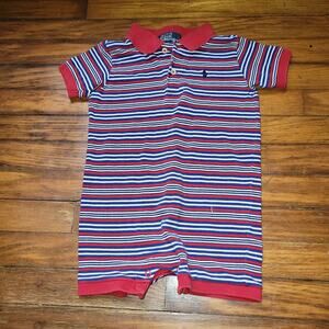 Baby Boys RALPH LAUREN Red Striped Polo Shirt One Piece Romper Outfit 18 Months